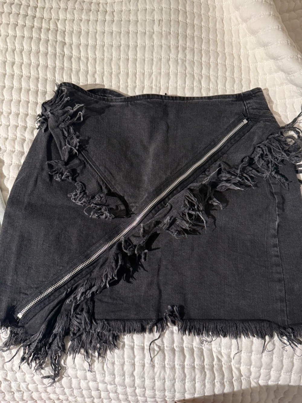 Signature8 Black Frayed Denim Mini Skirt with Diagonal Silver Zip